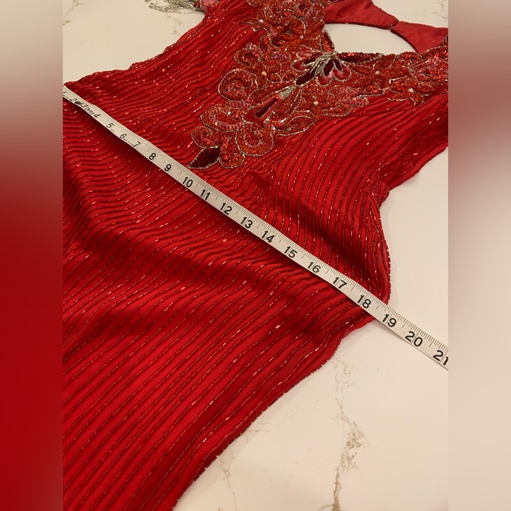Vintage Red Silk Beaded Gown Intricate Platinum Fringe Short Sleeve Size 14. - Picture 7 of 16